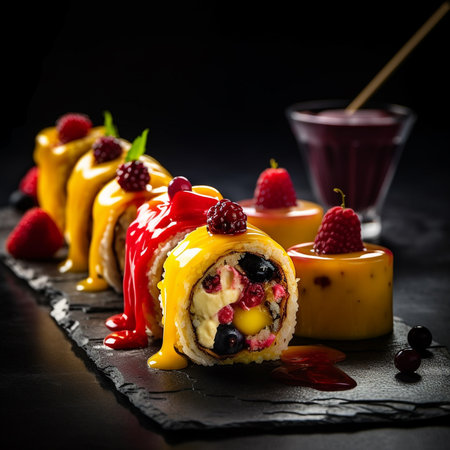 Sushi roll with cream cheese and fresh berries on black stone background Generative AI.の素材