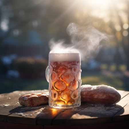 Glass of beer with sausages on a wooden table in the sunlight Generative AI.の素材