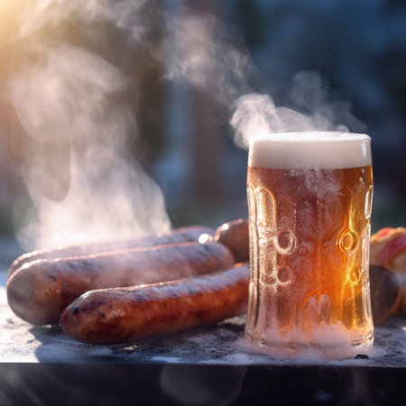 Glass of beer with sausages and grilled sausages. Generative AI.の素材