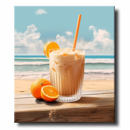 Orange smoothie on a wooden table against the background of the sea Generative AI.の素材