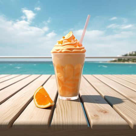 Orange smoothie in a glass with a straw on a wooden deck. 3d rendering Generative AI.の素材