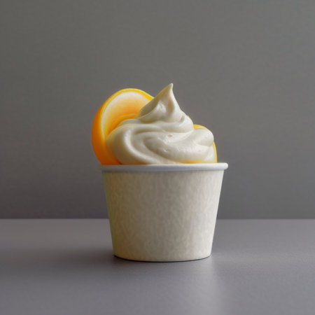 Lemon ice cream in a white cup on a gray background. Generative AI.の素材