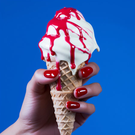 Ice cream in waffle cone with red nail polish on blue background Generative AI.の素材