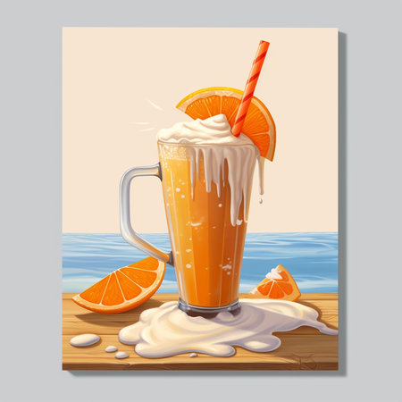 Orange Smoothie Poster Vector. Glass Of Orange Juice With Whipped Cream And Slices Of Orange On Wooden Board Illustration Generative AI.の素材