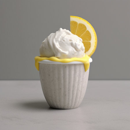 Lemon cupcake with whipped cream and lemon slice on gray background Generative AI.の素材