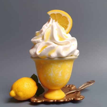Lemon ice cream in a yellow cup on a gray background. Generative AI.の素材