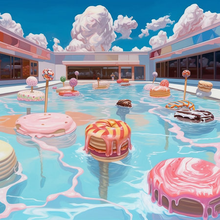 Illustration of a sweet donut shop in a blue water. Generative AI.の素材