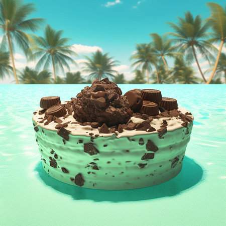 3D render of a chocolate cake on a tropical beach background. Generative AI.の素材