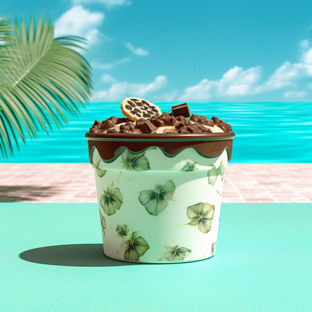 Chocolate ice cream in a glass on the beach. 3d rendering Generative AI.の素材