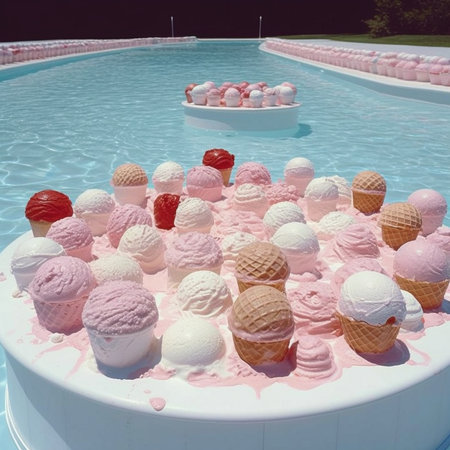 Ice cream on the edge of a swimming pool with pink and white balls Generative AI.の素材