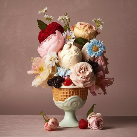 Bouquet of flowers in a waffle cup with ice cream Generative AI.の素材