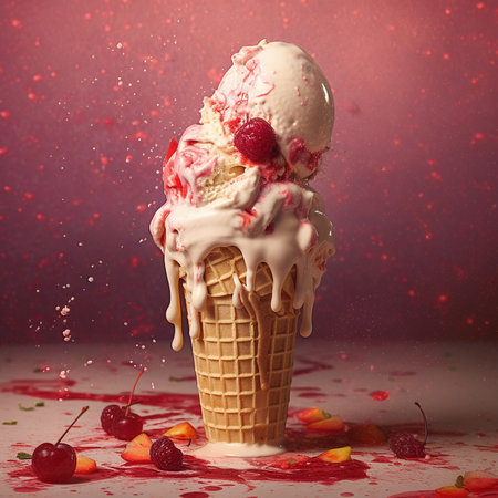 ice cream in waffle cone with cherries and cherry on red background Generative AI.の素材