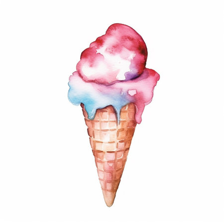 Watercolor ice cream in a waffle cone on a white background Generative AI.の素材