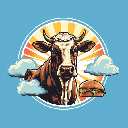 Cow and hamburger on a blue background with clouds. Vector illustration Generative AI.の素材