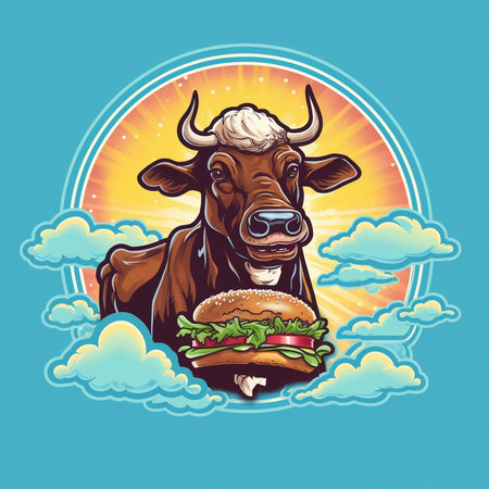 Vector illustration of a bull with a hamburger in the sky. Generative AI.の素材