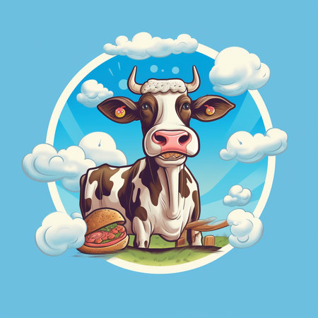 Cute cow with a burger in the sky. vector illustration. Generative AI.の素材