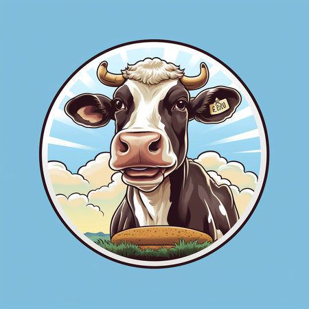 Cow in a round badge. Vector illustration of a cow in a circle. Generative AI.の素材