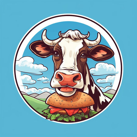 Cute cow with hamburger on blue background. vector illustration. Generative AI.の素材
