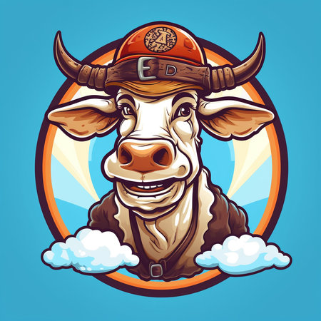 Cow head with hat and clouds. Vector illustration in retro style. Generative AI.の素材