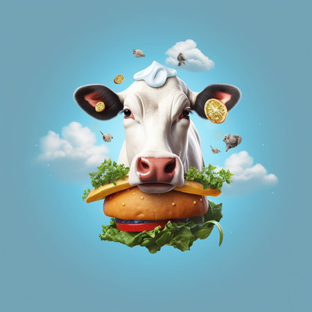 Cute cow with a big hamburger and vegetables. Concept of fast food. Generative AI.の素材