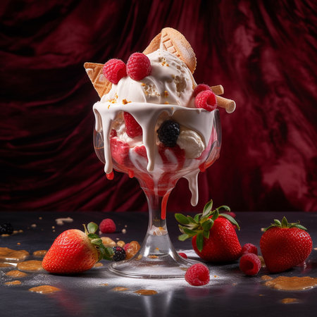 Delicious ice cream with fresh berries in glass vase on dark background Generative AI.の素材