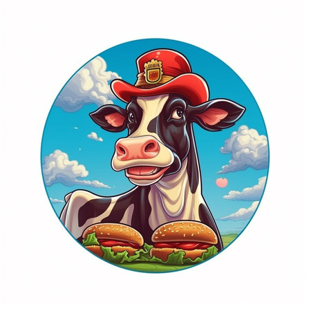 Cute cow in the hat of a police officer and hamburger in the circle Generative AI.の素材