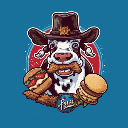 Cow and hamburger in the hat of a cowboy. vector illustration. Generative AI.の素材