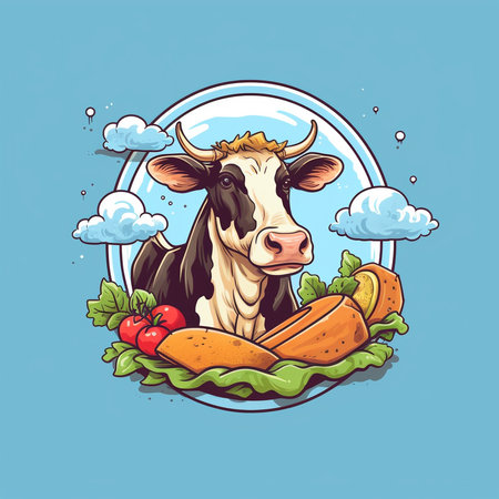 Vector illustration of a cow with a carrot, tomato and lettuce. Generative AI.の素材