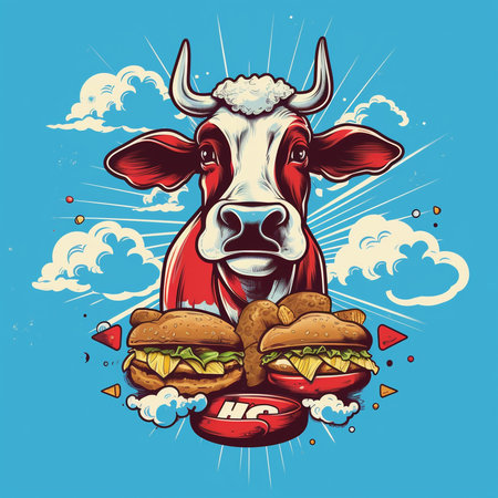 Vector illustration of a cow with hamburgers in the clouds. Generative AI.の素材