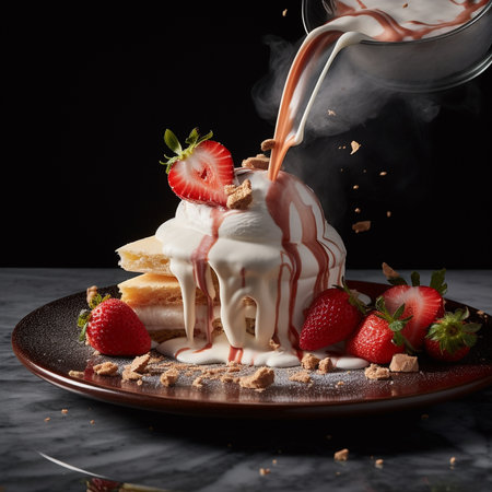 Strawberry cake with cream and chocolate sauce on a dark background Generative AI.の素材
