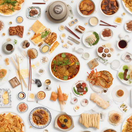 Top view of Asian food set on white background. flat lay.の写真素材