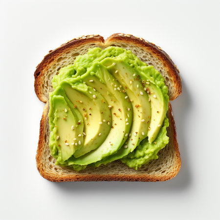 Avocado toast with sesame seeds on white background, top view Generative AI.の素材
