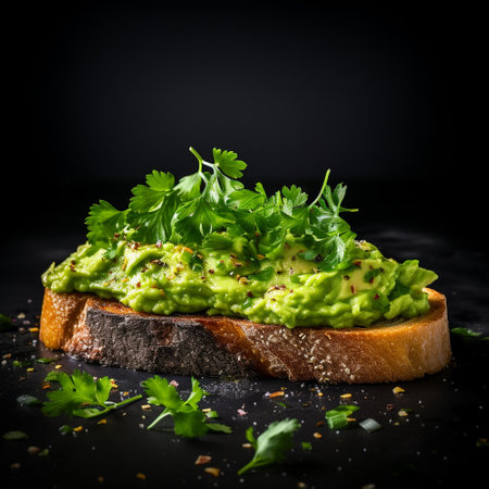 Avocado toast with parsley and olive oil on black background. Generative AI.の素材