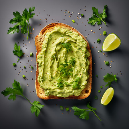 Toasted bread with guacamole and lime on black background Generative AI.の素材