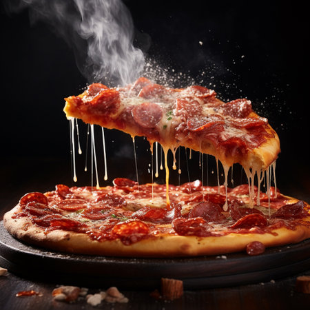 Pizza with salami and mozzarella cheese on black background Generative AIの素材