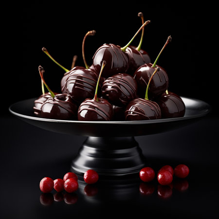 Cherries in chocolate on a black background. selective focus. Generative AIの素材