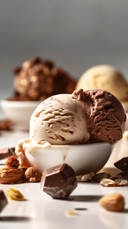 Scoops of ice cream with chocolate and nuts on white background Generative AIの素材