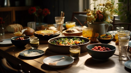 Table served for breakfast in a restaurant. selective focus. food. Generative AIの素材