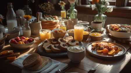 Breakfast served on a wooden table in a rustic style. Generative AIの素材
