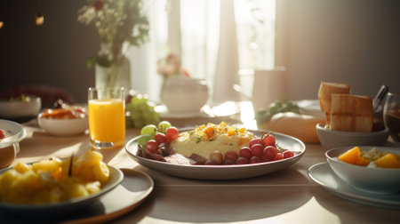 Breakfast with scrambled eggs, fruits and vegetables on the table. Generative AIの素材