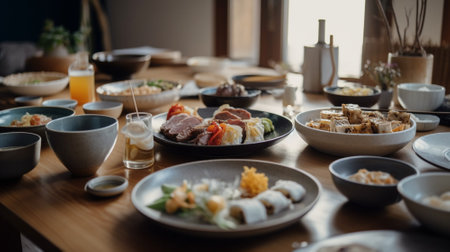 japanese food set on wooden table in restaurant, selective focus Generative AIの素材