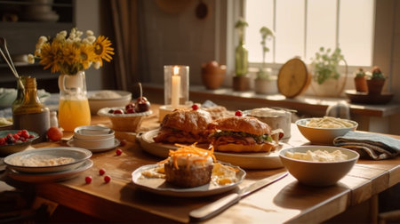 Table served for breakfast with croissants, cheesecakes and fruits Generative AIの素材