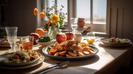 Thanksgiving day dinner with turkey, apples, pears and orange juice Generative AIの素材