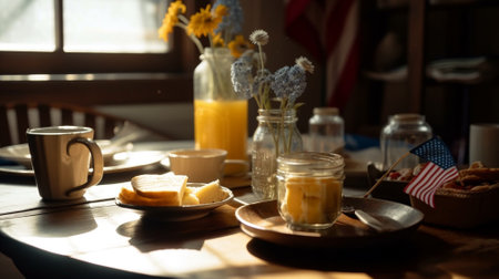 American breakfast with coffee and orange juice on a wooden table in the morning. Generative AIの素材