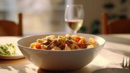 Pasta with meat and vegetables in a white bowl on the table Generative AIの素材