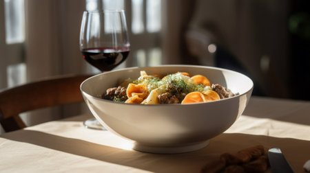 delicious pasta with meat and vegetables in a white bowl on the table Generative AIの素材