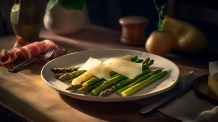 Asparagus with parmesan cheese and bacon on wooden table Generative AIの素材