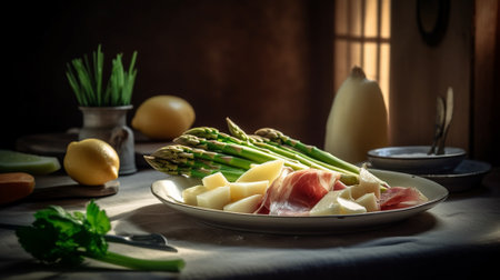 Asparagus with parma ham and mozzarella cheese, selective focus Generative AIの素材