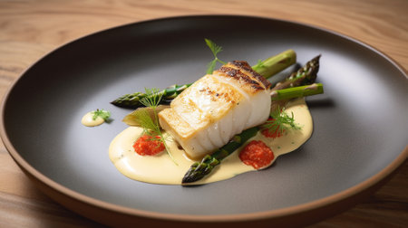 Grilled scallops with asparagus and sauce on a plate Generative AIの素材