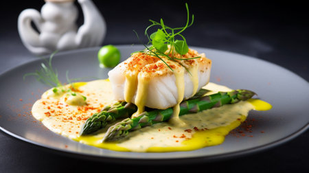 Fillet of fish with asparagus and mustard sauce on a black plate Generative AIの素材